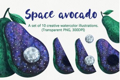 Avocado with space. Watercolor clipart with stylized fruits.