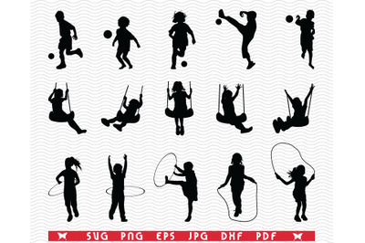 SVG Playful Children, Black Silhouettes digital clipart