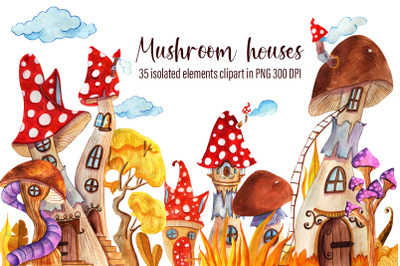 Watercolor set of beautiful mushroom houses