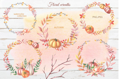 Watercolor floral wreaths. Autumn pumpkins and roses.