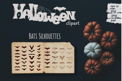 Set of flying bat silhouettes. Halloween clipart.
