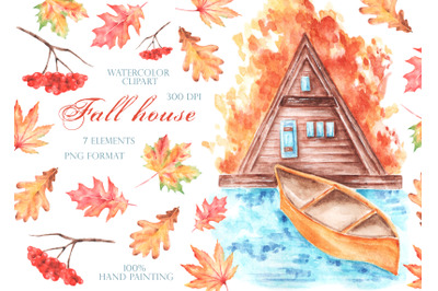 Autumn house watercolor clipart. Leaf fall. Cozy home. Landscape.