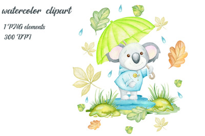 Cute koala, rain, autumn, leaves, rain, Watercolor animals, digital cl