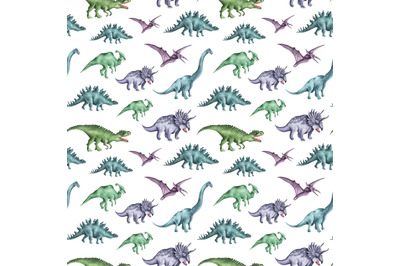 Dinosaurs watercolor seamless pattern. Dino baby boy. Dino pattern