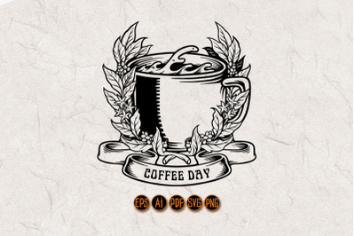 Coffee Day Vintage Badge Glass Ribbon Silhouette