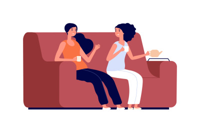 Girl friends together. Women conversation, flat female on sofa with te