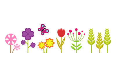 Spring garden. Cute bright flowers&2C; meadow plants and flying butterfly