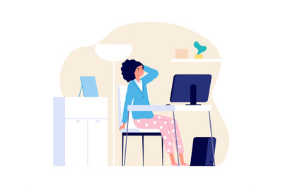 Tired woman. Home office, freelance working with computer. Girl has he