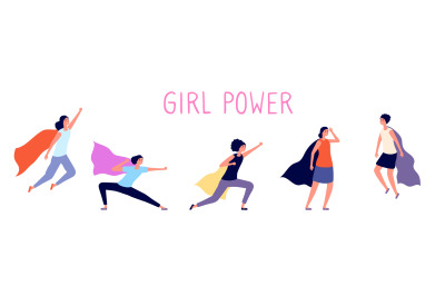 Woman super power. Cartoon girl, women with hero cloak. Flying female