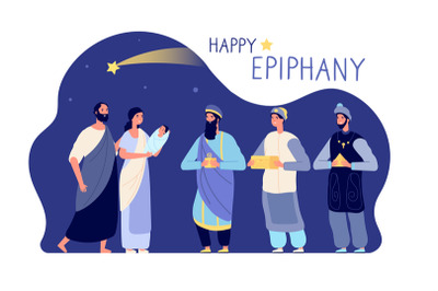 Happy epiphany. Three wise men&2C; winter holiday christian festival bann