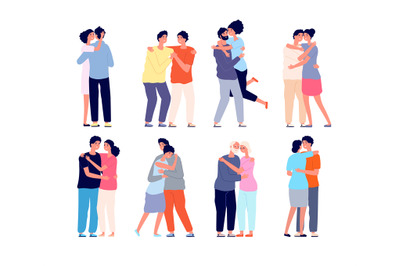 Hugging people. Embracing person, friends support each other. Couple i