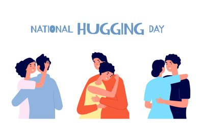 Hugging day. People friendship, young man girl together. National hug