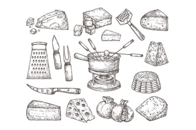 Different cheese. Recipe ingredients, fondue meal sketch and cutlery.