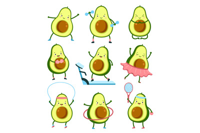 Avocado sport characters. Gym training, healthy cartoon cute athletes.