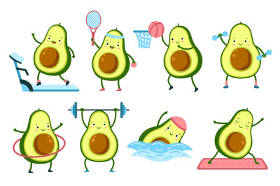 Avocado fitness. Cartoon food gym, healthy fruits fitness characters.