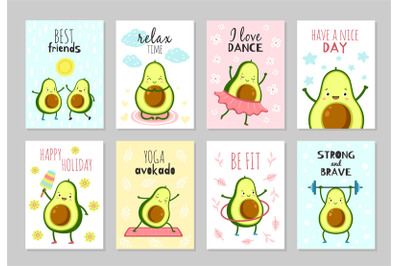 Cartoon avocado cards. Cute healthy food, baby party fun flyers. Posit