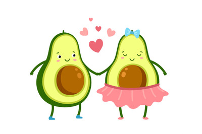 Cute avocado in love. Green fruits couple, cute vegetarian romantic fo