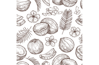 Coconut seamless pattern. Fresh food, tropical leaf flowers print. Par