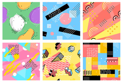 Memphis seamless pattern. Hipster postcards, fashion pop art elements