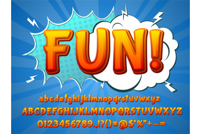 Fun comic font. Funny typeface, 3d colorful letters and cartoon explos
