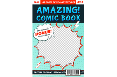 Comic book cover. Comics template&2C; funny image magazine card. Cartoon