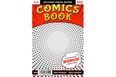 Comic book template. Colourful brochure, retro comics magazine cover.