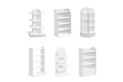 White racks. Empty shop displays, supermarket modern 3d equipment. Rea