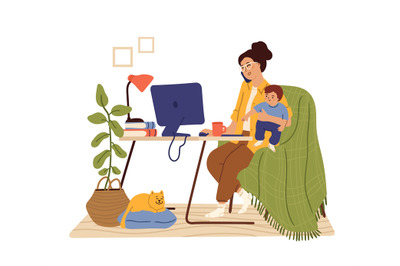 Mother work from home. Working mom, happy busy freelancer holding baby