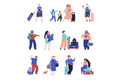 Travel people. Travellers couple, seniors tourist with suitcase. Singl