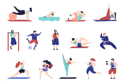 Sport training characters. Gymnastics person, isolated people workout.