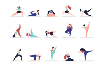 Yoga characters. People exercise, adult woman demonstration stretching