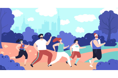 Outdoor jogging characters. Person running, park fitness workout peopl