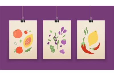 Abstract food posters. Fruit shapes, pastel colors contemporary interi