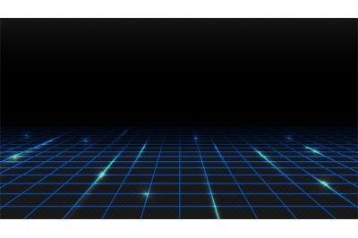 Blue shine perspective grid. Digital template, square lighting abstrac