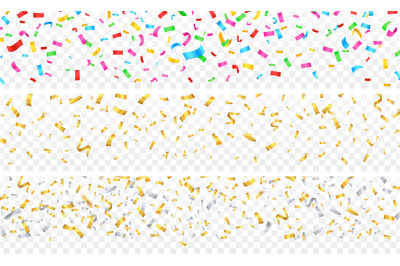 Confetti banner. Gold silver colorful falling particles on transparent