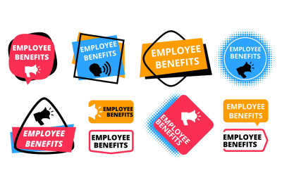 Employee benefits labels. Announcement for new workers, positive HR po