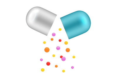 Falling vitamins from open capsule. Realistic pills, medicine or pharm