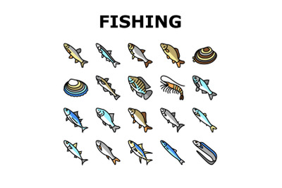 Commercial Fishing Aquaculture Icons Set Vector