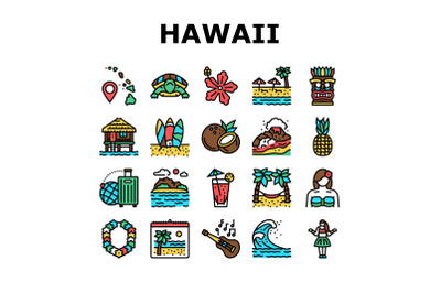 Hawaii Island Vacation Resort Icons Set Vector