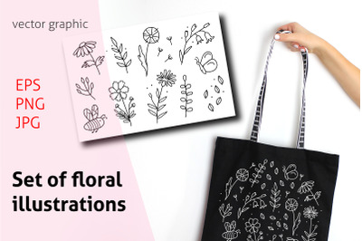 Set of floral illustrations in black color PNG