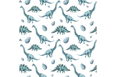 Blue dinosaurs watercolor seamless pattern. Dino baby boy pattern