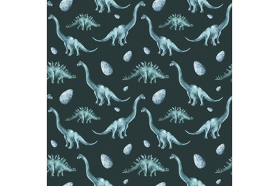 Dino watercolor seamless pattern. Blue dinosaurs. Dino baby boy