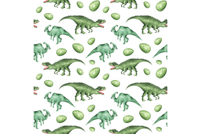 Green dinosaurs watercolor seamless pattern. Dino baby boy pattern