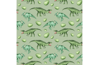 Dino baby watercolor seamless pattern. Green dinosaur. Baby boy