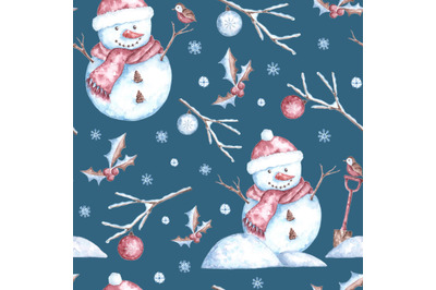 Snowman watercolor seamless pattern. New Year, Christmas pattern. Snow