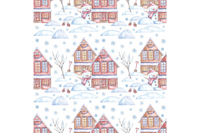 Christmas house watercolor seamless pattern. New year, winter, snowman