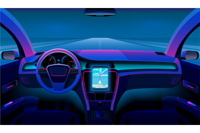 Inside futuristic car. Neon auto, modern interior and road grid. Drive