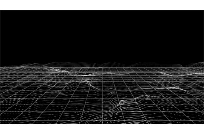 Particles landscape. White dots, perspective grid tech framework. Digi