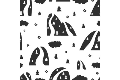 Scandinavian mountains pattern. Abstract doodle forest, rocks with tre