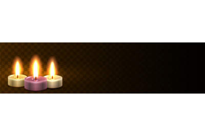 Site header with candles. Realistic light web banner&2C; festive party ro